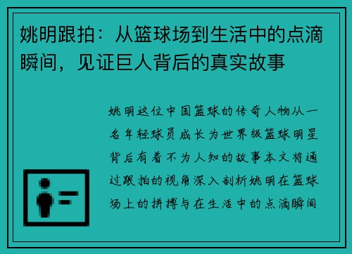 姚明跟拍：从篮球场到生活中的点滴瞬间，见证巨人背后的真实故事