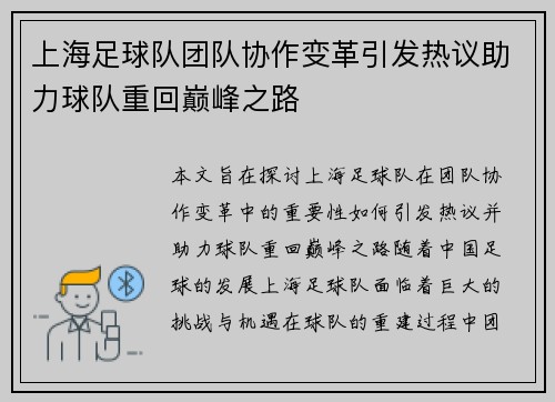 上海足球队团队协作变革引发热议助力球队重回巅峰之路