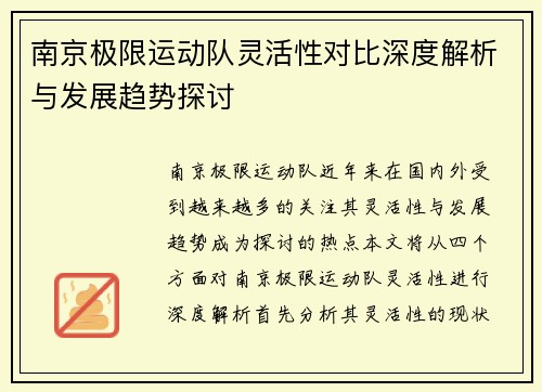 南京极限运动队灵活性对比深度解析与发展趋势探讨