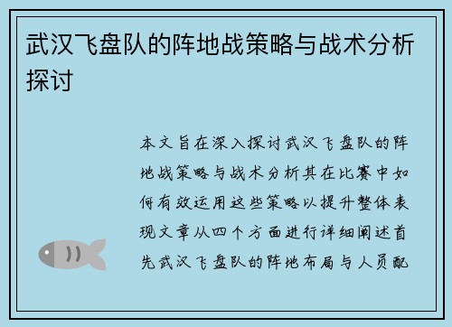 武汉飞盘队的阵地战策略与战术分析探讨